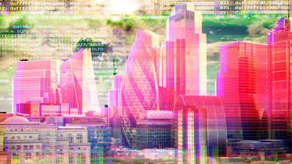 london skyline with computer code and data