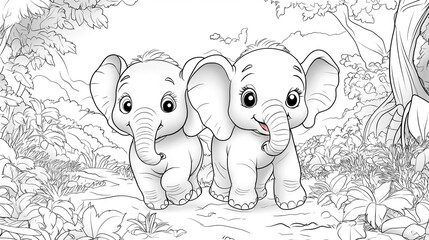 Obraz premium Black and white baby elephants walking together line art for kids coloring