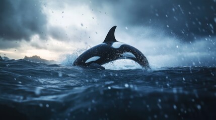 Obraz premium Orca Leaping in Stormy Seas: A Majestic Wildlife Encounter
