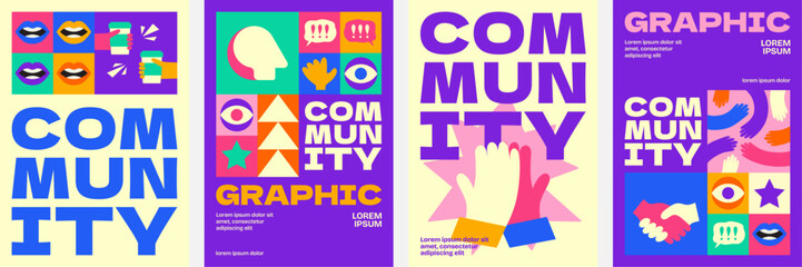 Vibrant community poster collection with bold typography, geometric shapes, synergy elements, and playful color blocks for a modern social design.