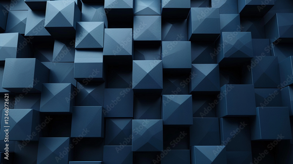 Poster 3D abstract cubic structure in dark blue, featuring geometric shapes that resemble modern art or futuristic architectural model, showcasing depth and dimension