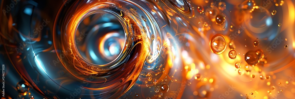 Poster abstract fluid swirl in orange and blue with floating bubbles. dynamic, vibrant background suggestin
