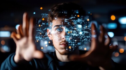 Young man interacting with digital interface