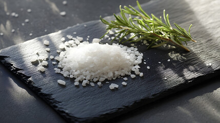 Coarse sea salt and rosemary sprigs displayed in a natural scatter, illuminated by warm sunlight on a charcoal slate board.