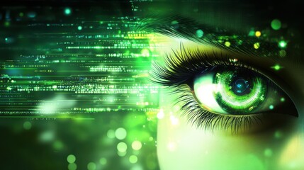 This image features an abstract green background with digital code and light streaks, representing technology, data, and futuristic elements in a dynamic environment.