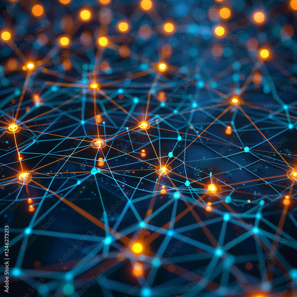 Leinwandbilder immersive network of glowing nodes and connections, representing intricate workings of digital technology and data flow in vibrant ecosystem