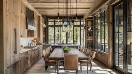 Rustic kitchen, dining area, mountain view, wood design, home interior.