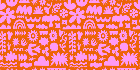 Vector seamless pattern in simple floral wavy and groovy naive style, ocean and vacation theme,  flowers and plants, floral botanic hand drawn design templates, modern art prints, surface design