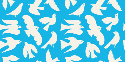 Vector modern art print elements in simple wavy and groovy naive style, seamless pattern with birds flying in the sky