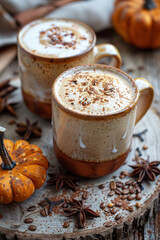 Artistic pumpkin spiced latte in rustic mugs, embodying autumn essence with cozy vibes and sensory indulgence, surrounded by spices and small pumpkins
