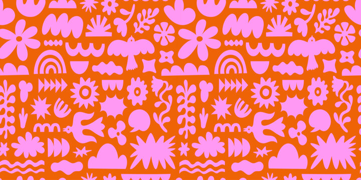 Vector seamless pattern in simple floral wavy and groovy naive style, ocean and vacation theme,  flowers and plants, floral botanic hand drawn design templates, modern art prints, surface design