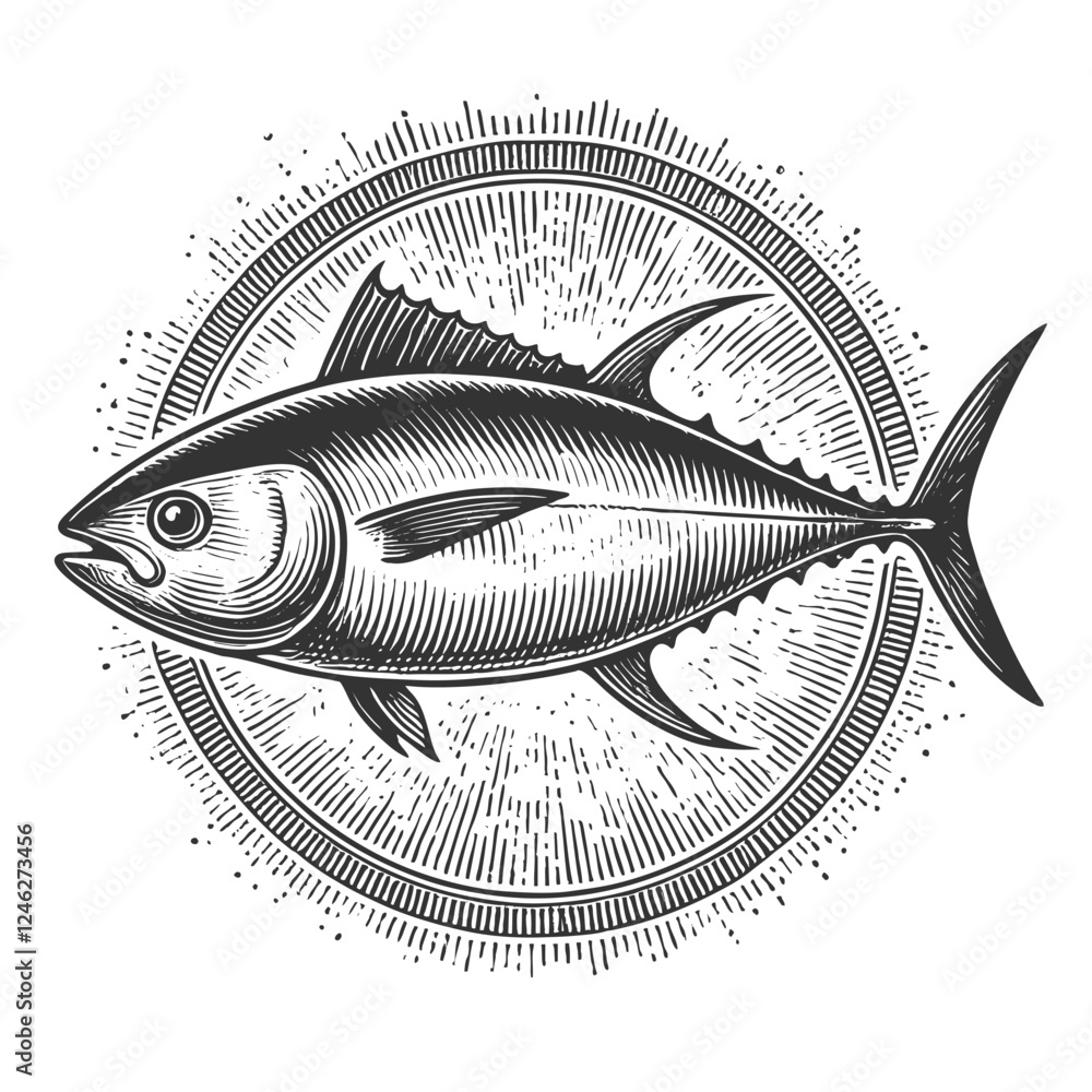 Poster tuna fish in vintage etching style, featuring intricate line work and circular decorative background