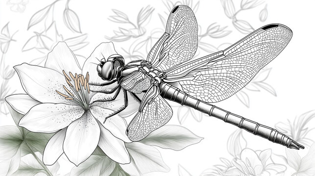 Black and white dragonfly on a lily flower line art for kids coloring