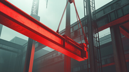 Industrial Crane Lifting a Red Steel Beam in Construction