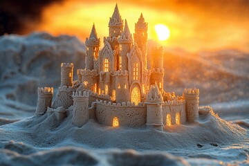 Sandcastle masterpiece glows at sunset on a beach with crashing waves