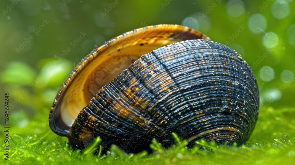 Poster close-up view of a shiny shell resting on green moss in a tranquil aquatic environment
