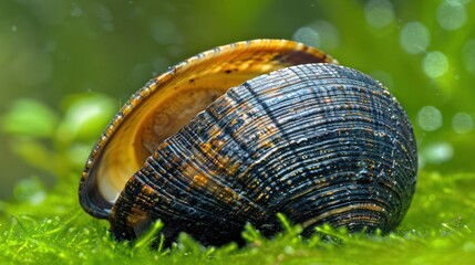 Close-up view of a shiny shell resting on green moss in a tranquil aquatic environment
