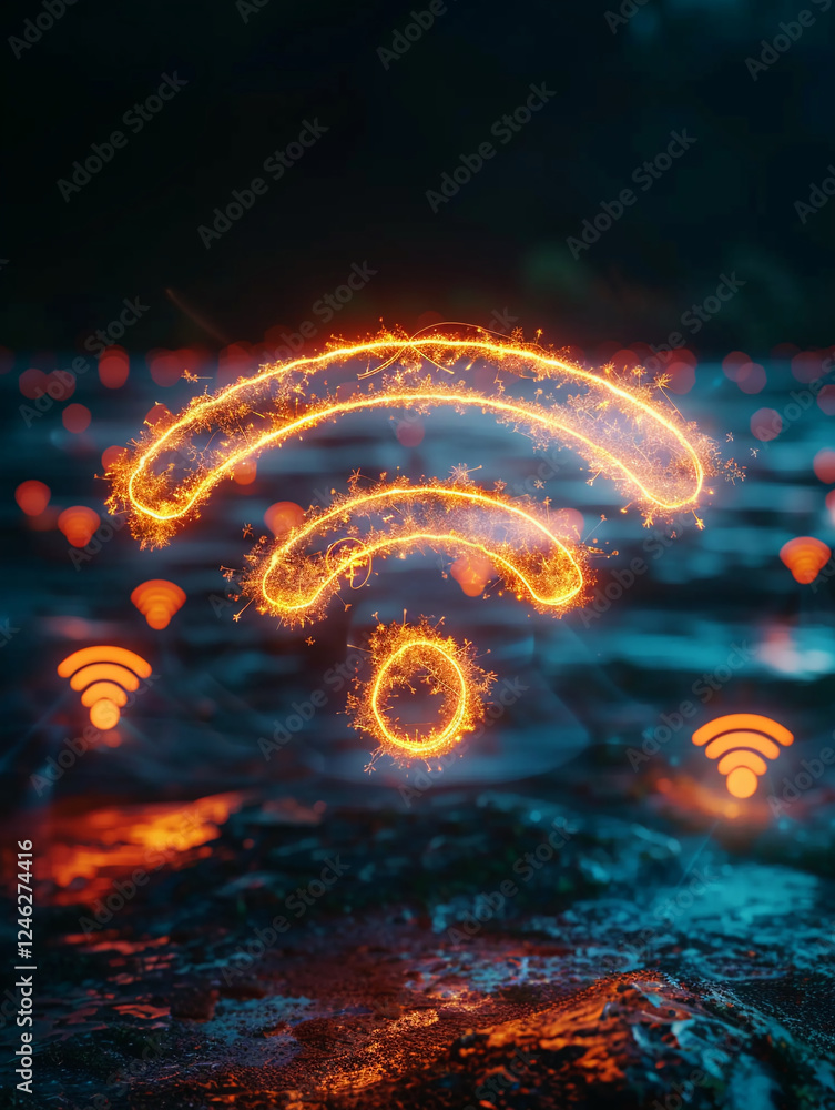 Poster glowing firework in form of wifi symbol brilliantly illuminates dark digital landscape, symbolizing 