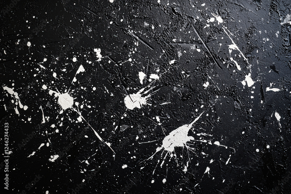 Poster grungy abstract texture with dynamic white and gray paint splatters on a deep black background for m