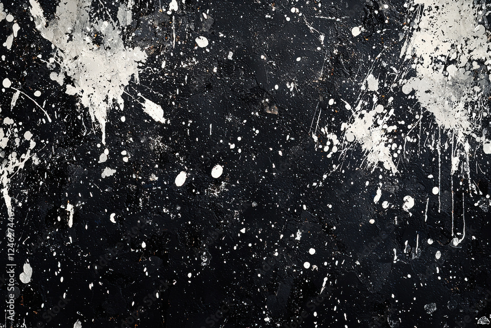 Poster dynamic abstract texture with chaotic white and gray splatters on a deep black background showcasing