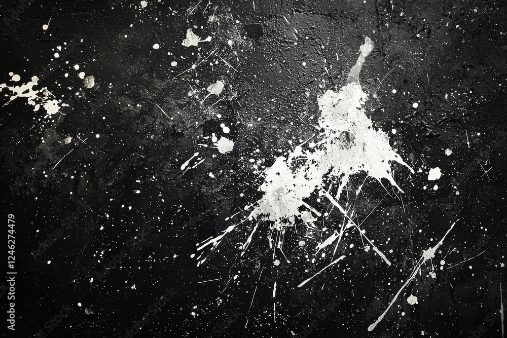 Aufkleber grungy abstract texture with chaotic white and gray splatters on deep black background for modern ae