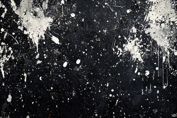 Dynamic abstract texture with chaotic white and gray splatters on a deep black background showcasing modern artistic styles