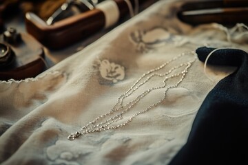 Delicate silver chain displayed on elegant fabric vintage setting jewelry photography soft lighting artistic viewpoint capturing the essence of timeless beauty