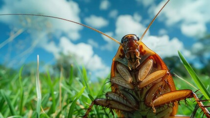 Close-up view of a cockroach on grass under a bright blue sky with fluffy clouds