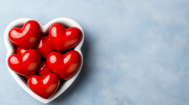 Red Candy Hearts in White Bowl on Blue Background