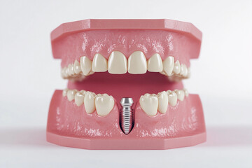 Obraz premium Dental implants displayed in a model of a human jaw demonstrating oral health and restoration procedures