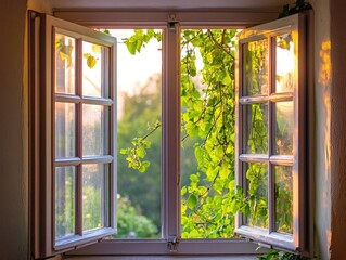 Fototapeta premium Open window to nature's embrace, welcoming sunlight and fresh air