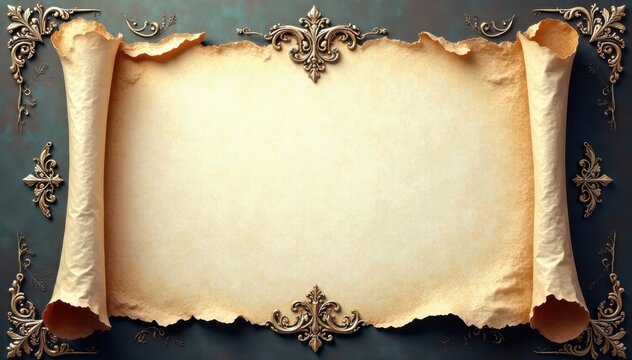 Intricate silver scroll frame adorns elegant parchment , diploma, foil