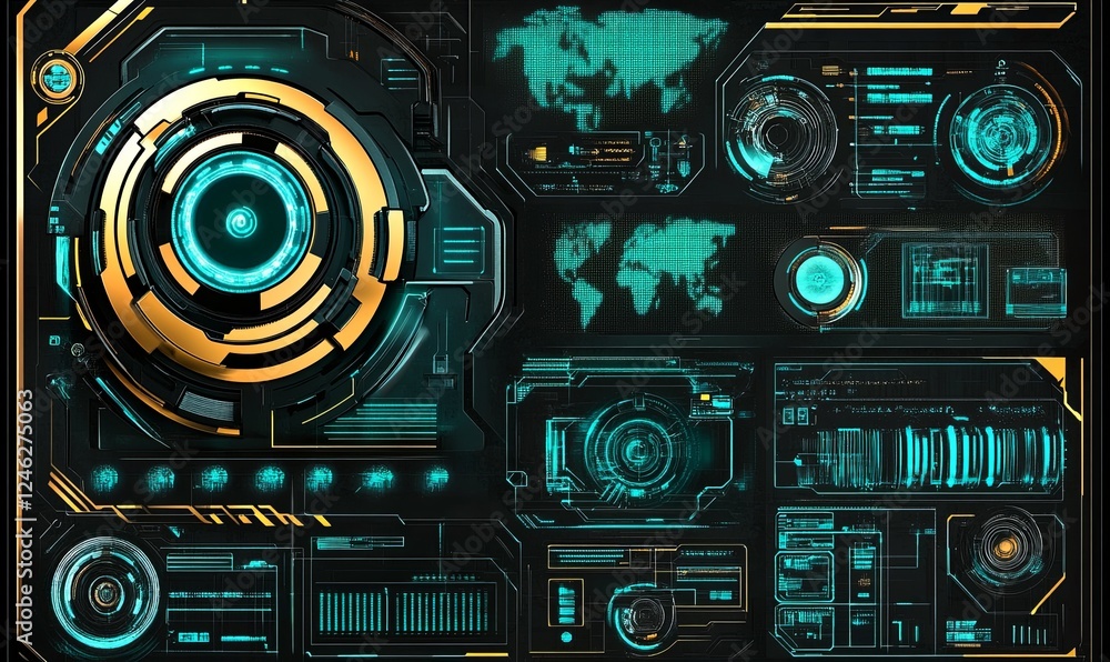Poster futuristic digital interface with world map, charts, and data visualization for technology dashboard