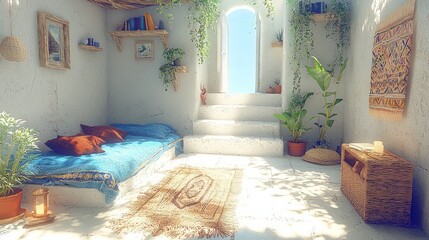 Sunlit bohemian bedroom oasis; plants, stairs, bright.