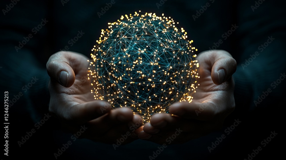 Poster hands holding glowing network sphere; dark background; global connection concept; website banner
