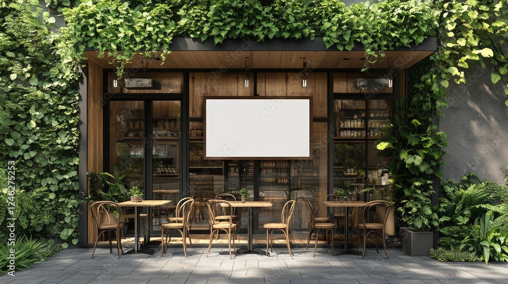 Poster modern cafe facade mockup with greenery and empty signage space for branding in an inviting urban se