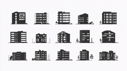 A set of 16 black and white minimalist building icons featuring various architectural styles in a simple and modern vector design
