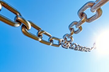 Fototapeta premium Strong chains stretched tightly between two poles under bright blue sky industrial environment close-up view symbolizing connection and strength