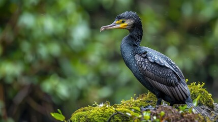 A cormorant perched on a mossy rock by a serene river, surrounded by lush greenery and nature