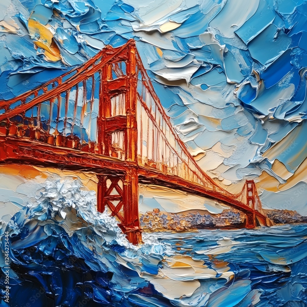 Poster golden gate bridge painted with thick impasto strokes sharp edges and fluid paint abstract 3d shapes