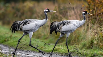 Fototapeta premium Two elegant cranes walking along a muddy path in a serene natural setting with tall grass