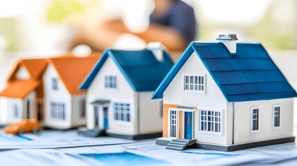Miniature housing models and apartment buildings arranged on a desk with a blurred figure in the background highlighting the strategic planning and decision making process in urban development