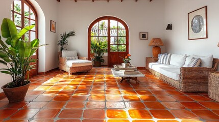 Sunlit Spanish villa living room, terracotta tiles, relaxing. Use Interior design.