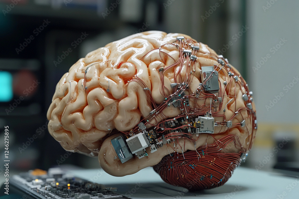 Fototapete futuristic brain design featuring circuit board elements merging technology with organic structure