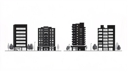 Obraz premium A minimalist black and white illustration of four modern apartment buildings in silhouette style with trees and urban details against a white background 