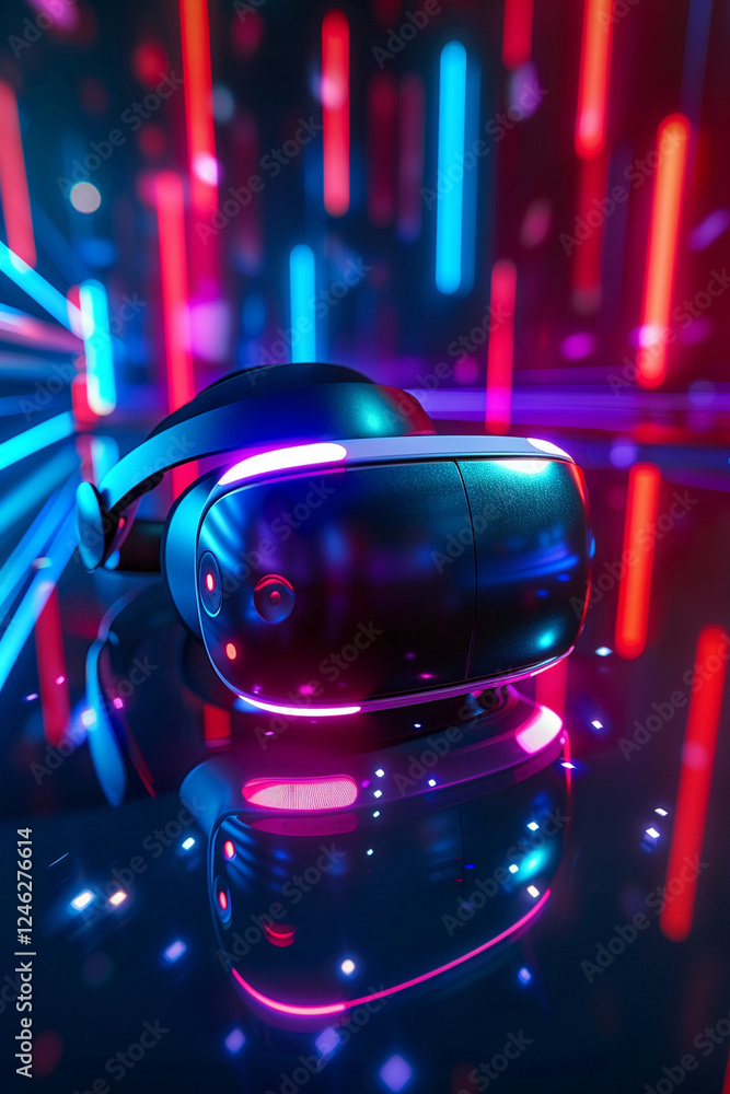 Aufkleber Futuristic VR headset resting on sleek surface, illuminated by vibrant neon lights, symbolizes gateway to immersive virtual worlds yet unexplored