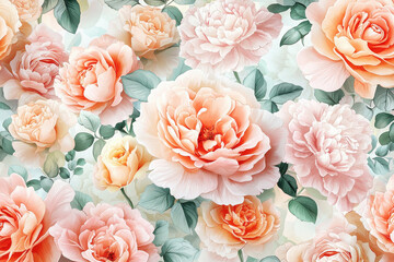 Hand-drawn floral pattern featuring roses and peonies in soft pink and peach tones with delicate green leaves