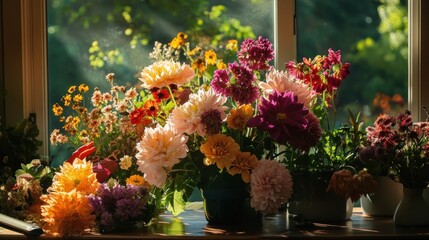 Fototapeta premium Sunlit Windowsill Flowers: A Bouquet of Dahlias and Other Blooms
