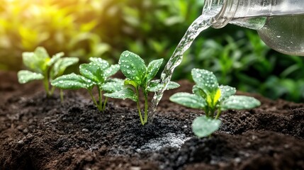 Watering young seedlings in rich soil.
