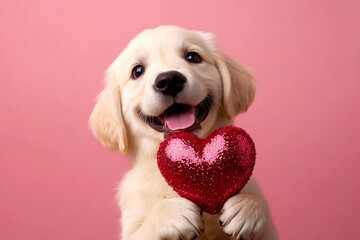 Cute golden retriever pooch with sparkling rhinestones red heart - emblem of love, funny greeting card. Golden retriever - my beloved dog. Promotion creative concept art. Love-themed pets.